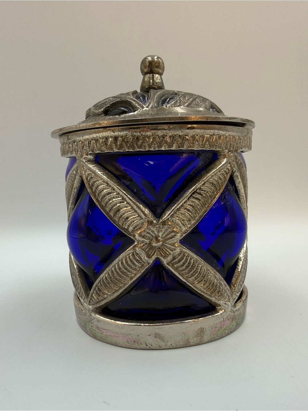 Vintage Bubble Glass Caged Trinket Box – Cobalt Blue Glass & Silver Plated
